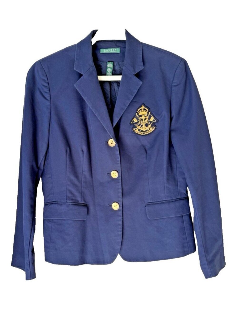 Vtg Ralph Lauren LRL Blazer Sz L Crest Crown Gold Buttons Navy Blue Cotton Blend